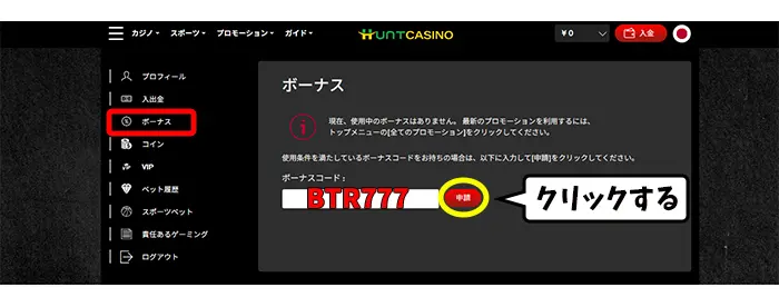 ボーナスコードの入力
