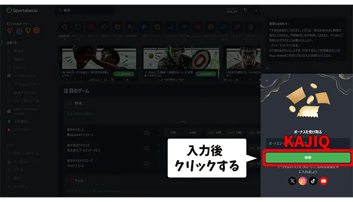 ボーナスコード入力する